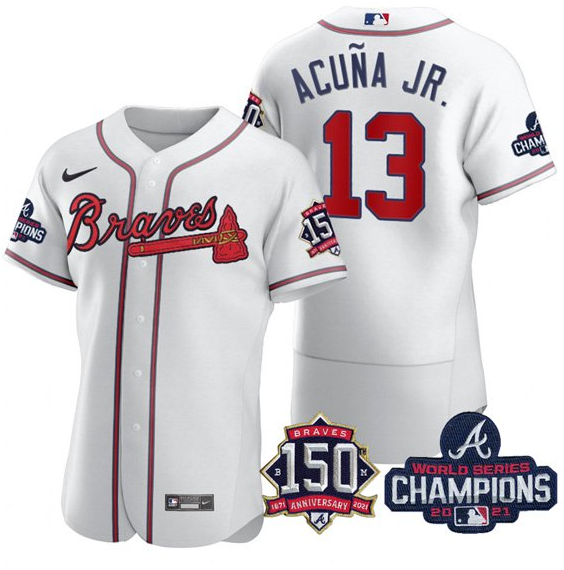 Men's Atlanta Braves #13 Ronald Acuña Jr. 2021 White World Series Champions With 150th Anniversary Flex Base Stitched Jersey Men's Atlanta Braves #13 Ronald Acuña Jr. 2021 White World Series Champions With 150th Anniversary Flex Base Stitched Jersey
